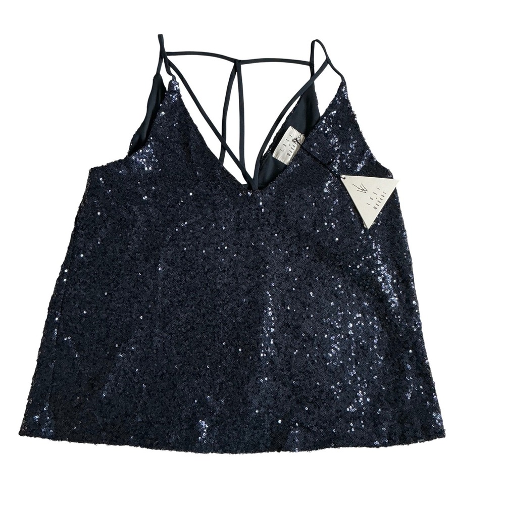 LOST + WANDER‎ Sparkly Sequin Metallic Strappy Navy Blue V-Neck Camisole  NWT - Picture 2 of 3